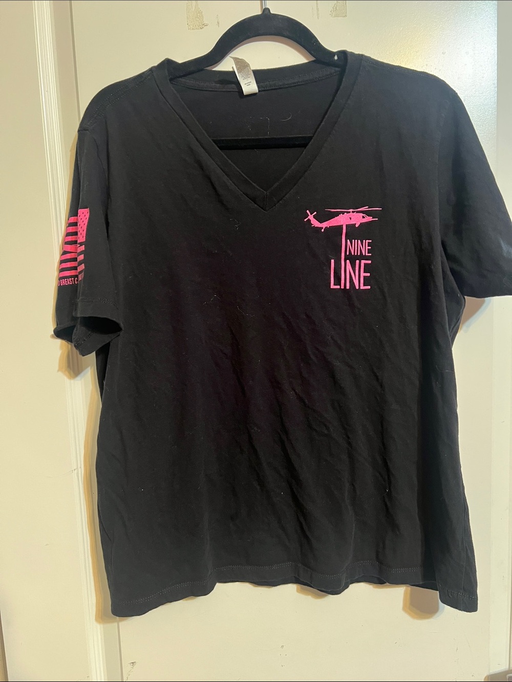 Nine Line Women's Black V-Neck Tee with Pink Logo
